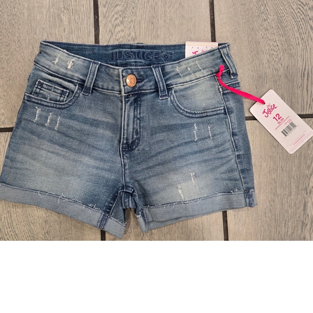 Justice Girls Distressed Classic Denim Shorts Medium Wash Blue Size 12 Slim NWT